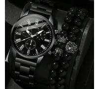 3 pezzi Orologio al quarzo con cinturino in acciaio alla moda e versatile per uomo, abbinato a un braccialetto con perline a forma di corona di leone, adatto per affari, feste e uso quotidiano, il mig
