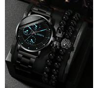 3 pezzi Orologio al quarzo da uomo con cinturino in acciaio alla moda e versatile, abbinato a un set di braccialetto con perla a forma di corona di leone, adatto per affari, feste e uso quotidiano, il