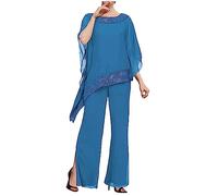 3 pezzi perline madre della sposa pantaloni abiti chiffon abito da sera formale abito da sposa, Blu, 50