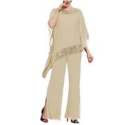 3 pezzi perline madre della sposa pantaloni abiti chiffon abito da sera formale abito da sposa, Champagne, 54