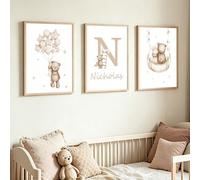 3 pezzi Pittura ad acquerello personalizzata di un orsacchiotto, con palloncino, luna e stelle, opera d'arte murale in stile boho beige su tela, decorazione personalizzabile con nome e lettera del bam