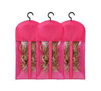 3 Pezzi Porta-Estensioni per Parrucche, Portaparrucche Multiple, Borse per Parrucche con Gancio per Riporre Le Estensioni Dei Capelli, Rosa Rosso