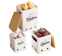 3 Pezzi Porta Patate con Coperchio Bambù e Fori Ventilazione, Contenitore Conservazione Cucina, Contenitori Cipolla Salvaspazio, Barattoli Freschezza Impilabili per Conservare Cipolle e Aglio (Bianco)