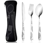 3 Pezzi Posate con Custodia Portatile, Set di Posate Acciaio Inox con Coltello Forchetta Cucchiaio per Viaggi Campeggio Picnic Ufficio Scuola