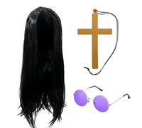 3 Pezzi Prince of Darkness Set di Accessori per Adulti, Parrucca Lunga Nera, Croce Dorata e Occhiali Viola, Set di Accessori per Costume da Rockstar Anni 70 80, per Feste in Maschera, Halloween