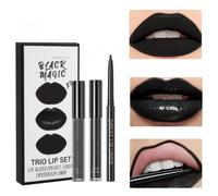 3 Pezzi Rossetto Nero Lunga Durata Set, Rossetto Liquido Opaco, Matita per Labbra, 3 In 1 Kit Trucco Labbra, Kit Lucidalabbra Lunga Durata Impermeabile per Cosplay Halloween Natale