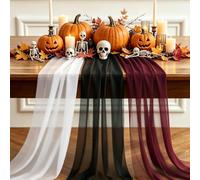 3 Pezzi Runner da tavolo in chiffon nero, bianco, borgogna, 300 x 30 cm | Runner da tavolo morbido e fluido per Natale, Halloween, Matrimonio, decorazione battesimo & decorazione tavolo cucina