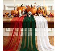 3 Pezzi Runner da tavolo in chiffon rosso, verde, bianco, 300 x 30 cm | Runner da tavolo morbido e fluido per Natale, Halloween, Matrimonio, decorazione battesimo & decorazione tavolo cucina