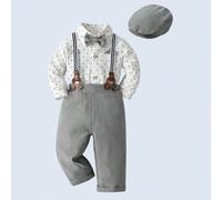 3 pezzi Set abbigliamento elegante per neonati maschi: camicia a maniche lunghe con fiocco, pantaloni con bretelle e cappello, alla moda e elegante per feste, eventi del coro, matrimoni e occasioni fo