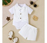 3 pezzi Set abbigliamento per battesimo neonato maschio AfterClass: Gilet con colletto e texture a nido d'ape 2 in 1 con body a maniche corte + pantaloncini + papillon, completo da battesimo carino 6-