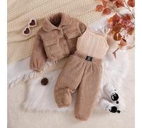 3 pezzi Set autunno/inverno per bambine: giacca utility con colletto alla coreana, top a fascia monocromatico e pantaloni lunghi, adatto per l'uso quotidiano all'aperto per bambine d'inverno 6-9M,9-12