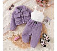 3 pezzi Set autunno/inverno per bambine: giacca utility con colletto alla coreana, top a tinta unita e pantaloni lunghi, adatto per uso quotidiano all'aperto. Set invernali per bambine, set viola per