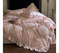3 pezzi Set biancheria da letto stile coreano con volant, Copripiumino bianco e rosa taglia matrimoniale - Serie copripiumino super morbida - Leggera e traspirante (Matrimoniale, Bianco) 135*200,180*2