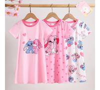 3 pezzi/set Camicia da notte corta a maniche corte per bambine e ragazze, stampa carina di conigli e cuori su tutto il capo, combo rosa, collo rotondo in maglia, morbida e casual, abbigliamento da not