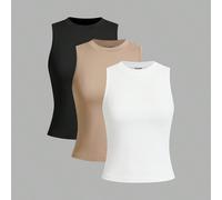 3 pezzi/set Canotte aderenti a collo rotondo per donne taglia comoda in nero, bianco, cachi, adatte per primavera/estate, casual business, insegnanti, per donne che tornano a scuola 0XL,1XL,2XL,3XL,4X