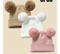 3 pezzi/Set Cappelli con paraorecchie in maglia con doppio pompon per neonati e bambini piccoli, sottili e caldi, colore unito versatili, adatti per primavera, autunno, inverno 6-12M,1-2YColore unicoP