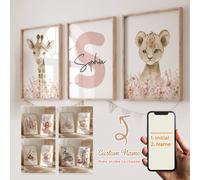 3 pezzi/set cartellone personalizzato su tela con nome per bambine, stampa su tela personalizzata con nome per decorazione domestica, stampa su tela di cartoni animati con animali come leone, elefante