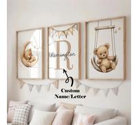3 pezzi/Set cartellone su tela senza cornice personalizzato - Opera d'arte a parete con nome personalizzato, Opera d'arte a parete con orsacchiotto personalizzato, Decorazione pittura orsacchiotto con