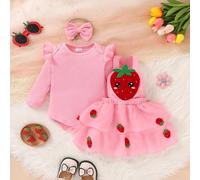 3 pezzi set, casual, elegante, dolce, carino, vestiti e outfit per neonati e bambine, autunno/inverno, morbido, confortevole, tinta unita, body a maniche raglan e collo a giro in maglia con applicazio