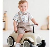 3 pezzi Set casual per bambino maschio: Camicia a maniche corte con colletto + Papillon + Camicia con stampa di palme e auto + Pantaloncini a bretelle a righe, Outfit da gentiluomo per primavera/estat