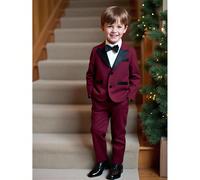 3 pezzi Set Completo da Gentiluomo per Ragazzo, Camicia Bianca a Maniche Lunghe con Colletto e Papillon Nero + Giacca Blazer a Manica Lunga con Risvolto e Finta Tasca + Pantaloni Casual in Vita Elasti