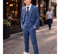 3 pezzi Set completo da ragazzo pre-adolescente minimalista con silhouette premium blu navy scuro a quadri con cravatta blu navy scuro, adatto per la stagione dei matrimoni, casual scolastico, moda co