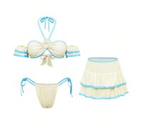 3 pezzi Set costume da bagno con reggiseno a collo alto e minigonna, con stampa floreale 3D e rifiniture a contrasto bianche, stile giovane signora L,M,S,XLBlocchi di coloreTessuto