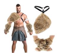 3 pezzi/set costume da vichingo da uomo in calda pelliccia sintetica, costume da barbaro, include polsini e mantello con scialle, abito medievale da vichingo per la festa di Halloween, cosplay, Hallo