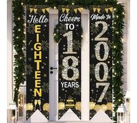 3 pezzi/Set Couplet per porta 18° compleanno nero e oro, Striscione in poliestere per porta, Benvenuto diciotto, Auguri per i 18 anni, Striscioni 18° compleanno, Palloncini, Torta, Champagne, Fuochi d