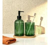 3 pezzi Set da bagno a righe verde militare, inclusi flaconi dispenser, bicchiere e vassoio vetro