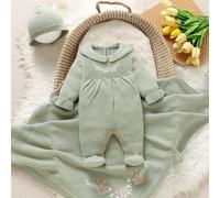 3 pezzi Set di abbigliamento per neonata: body rosa ricamato con colletto Peter Pan, tutina, cappello + coperta in maglia 6-9M,0-1M,1-3M,3-6MPianteMaglieria