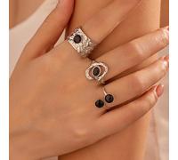 3 pezzi Set di anelli in acciaio inossidabile da donna con pietre preziose nere e argento, adatto per decorazione quotidiana o regalo per le donne Tagli UnicaAcciaio inossidabile