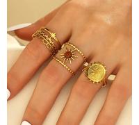 3 pezzi Set di anelli regolabili in acciaio inossidabile con stelle, lune, soli dorati e accenti marroni, adatti per la decorazione quotidiana o come regalo per le donne Tagli UnicaAcciaio inossidabil