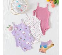 3 pezzi Set di body a canottiera in maglia tinta unita, comodi e versatili, per bambine, adatti per primavera/estate 6-9M,9-12M,12-18M,18-24M,1-3M,3-6MFumettoPoliestere