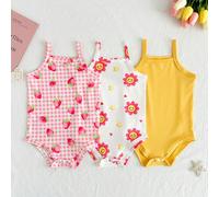 3 pezzi Set di body a canottiera in maglia tinta unita, comodi e versatili, per bambine, adatti per primavera/estate 6-9M,9-12M,12-18M,18-24M,1-3M,3-6MFrutta & verduraTessuto