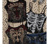 3 pezzi Set di canotte casual da donna con vintage, con bordi a contrasto, adatto per l'estate, stile punk, vintage, con stampe a croce, ali, teschio, adatto per stile Y2K, stampe grunge L,M,S,XL,XS,X