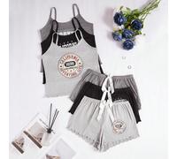 3 pezzi Set di canottiere con stampa slogan e pantaloncini con fiocco in vita alla moda per donne L,M,S,XL,XSGeometrico,LettereTessuto in maglia