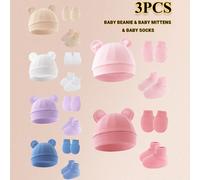3 pezzi Set di cappellino con paraorecchie, guanti e scarpine per neonati, in colore unito, leggero e traspirante, comodo per uso quotidiano e uscite, disponibile in più colori, adatto come regalo di