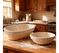 3 pezzi Set di cestini di vimini per la lievitazione del pane, kit completo per la lievitazione del pane, set da forno, 1 cestino rotondo da 9 pollici e 1 cestino ovale da 10 pollici (con coperchio in