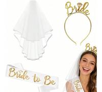 3 pezzi Set di decorazioni da sposa - Comprende fascia "Bride", velo bianco e copricapo a corona; ideale come regalo per feste per le future spose e decorazioni per matrimoni; adatto per addio al nubi