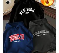 3 pezzi Set di felpe termiche con stampa del testo New York, Brooklyn e Los Angeles per ragazzi pre-adolescenti, calde e confortevoli per l'autunno/inverno 6Y,7Y,8Y,9Y,10Y,14Y,11Y,12Y,13YLetterePolies