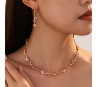3 pezzi Set di gioielli di lusso in rame con zirconi rosa/blu, composto da collana e orecchini con motivo a foglia e petalo, collana a più strati a forma di tulipano, accessori dal significato di amor