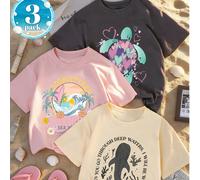 3 pezzi Set di magliette a maniche corte con stampa a onde marine e tartarughe, adatto per outfit estivi di ragazze pre-adolescenti durante le vacanze 6Y,7Y,8Y,9Y,10Y,14Y,11Y,12Y,13YFumettoPoliestere