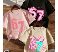 3 pezzi Set di magliette casual per ragazze: caratterizzate da un design classico a collo tondo e maniche corte, una delle quali è stampata con il motivo "67", uno dei nostri stili più venduti. 6Y,7Y,