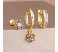 3 pezzi Set di orecchini da donna e ragazze con fiori in cristallo viola e granuli, placcati in oro 18K, in acciaio inossidabile, orecchini a cerchio, regalo romantico per matrimonio Acciaio inossidab