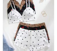 3 pezzi Set di reggiseno e intimo da donna con stampe a cuore, ciliegia e leopardo, con rifiniture in pizzo arricciato, stile kawaii L,M,S,XLGeometrico,Piante,stampa dappertuttoTessuto in maglia