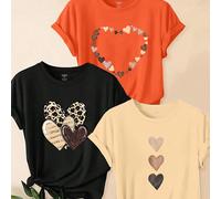 3 pezzi Set di t-shirt da donna a maniche corte con collo rotondo e stampe di leopardo/cuori, taglie forti, magliette grafiche estive "Be Real Not Perfect" per donne 0XL,1XL,2XL,3XL,4XLTessuto in magl