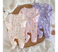 3 pezzi Set di tutine a maniche lunghe per neonati e bambini piccoli con grafica di cuori e fiocchi, outfit elegante e dolce per la casa 6-9M,0-1M,1-3M,3-6MAnimaleTessuto in maglia