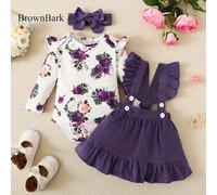 3 pezzi Set elegante e carino per bambina, body a maniche lunghe con stampa floreale, vestito salopette tinta unita, fascia per capelli. Comodo per primavera/autunno, casual, scuola, all'aperto, stile