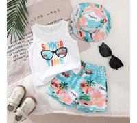 3 pezzi Set estivo per neonato e bambino piccolo maschio, composto da canotta bianca con stampa a lettere, pantaloncini con palme, cappello. Outfit casual da spiaggia a righe blu e bianche 6-9M,9-12M,